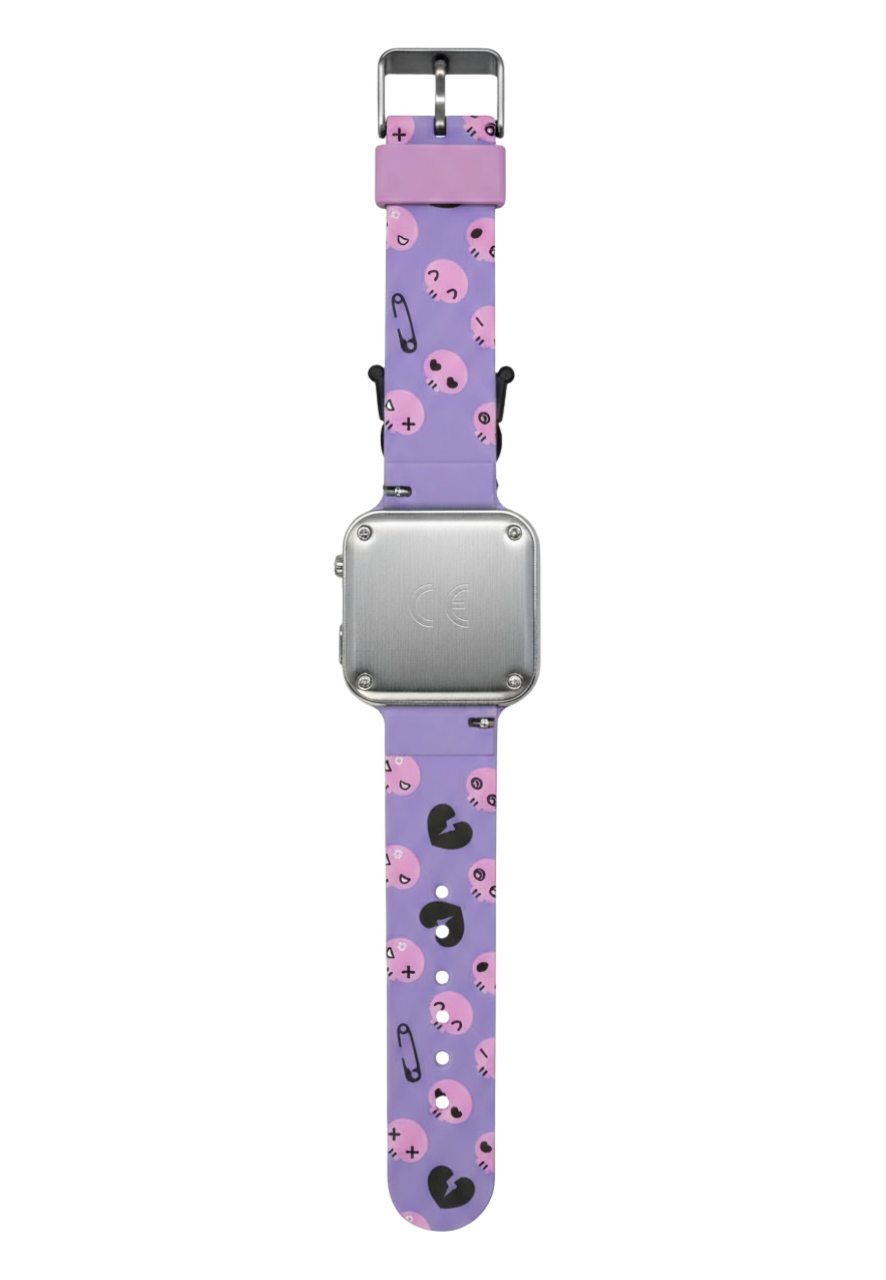 Eine lila Uhr mit Totenkopfmuster. Die Uhr hat ein silbernes Gehäuse und ein lila Armband mit rosa Totenköpfen und schwarzen Herzen.
