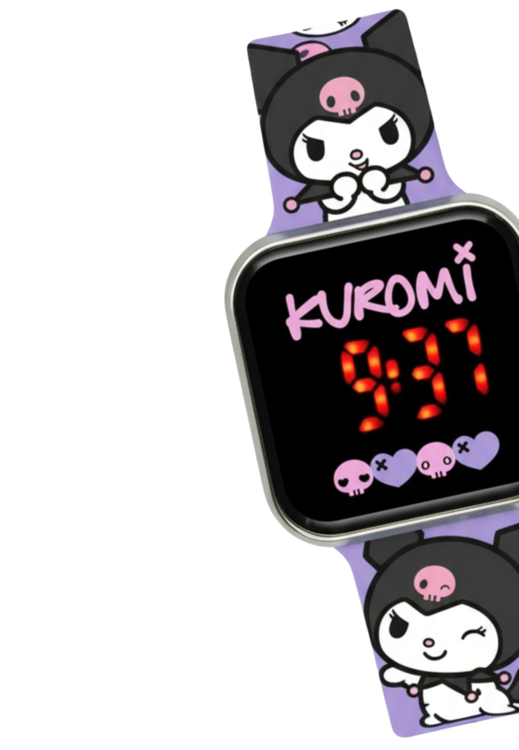 Eine Kuromi-Uhr zeigt 9:37 an. Sie hat einen schwarzen Bildschirm und ein lila Armband mit Kuromi-Figuren.