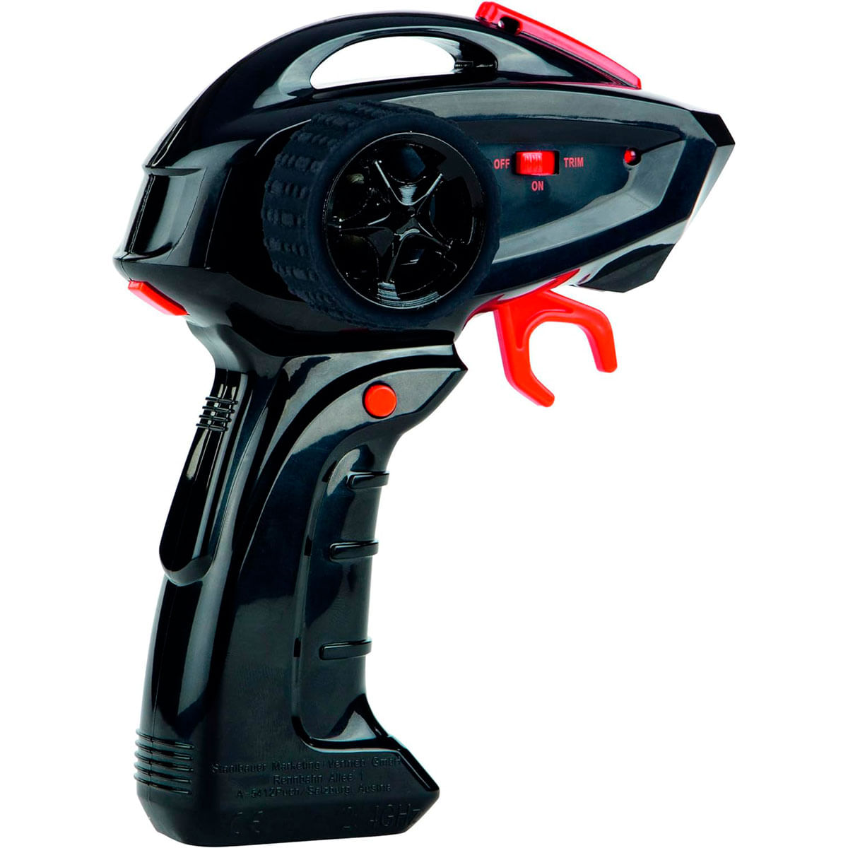 Un controlador de coche RC negro y rojo. Tiene un gatillo, una rueda, botones e interruptores para ajuste y potencia.