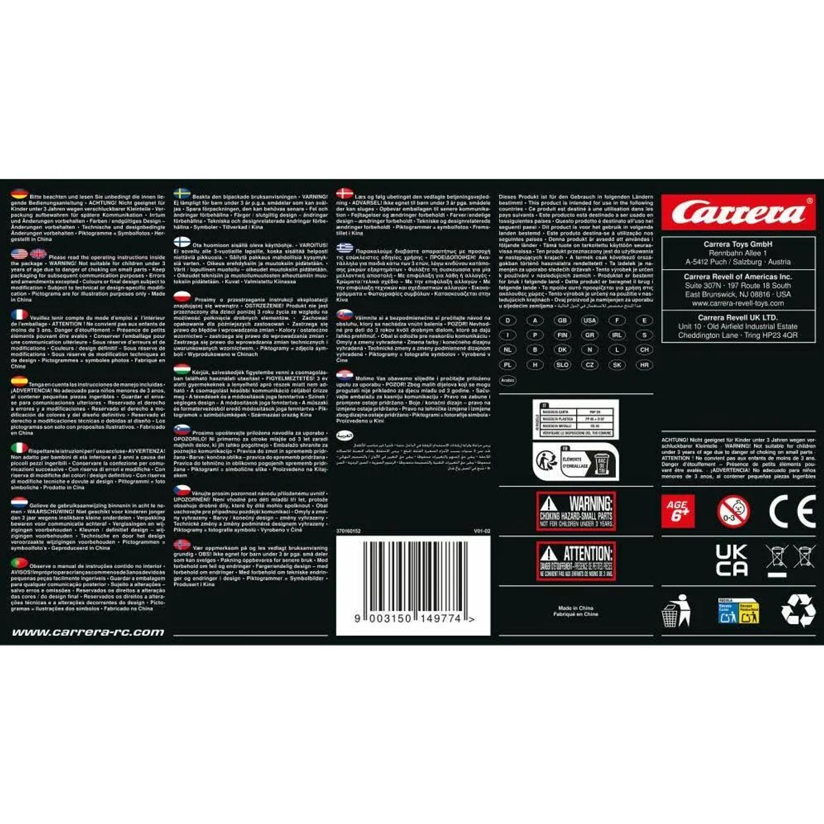 Caja de producto con texto en varios idiomas, advertencias y logos.