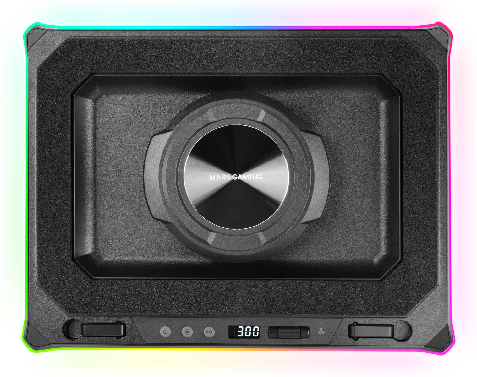 Dispositivo di gioco nero con ventola centrale e bordo LED. Include pulsanti di accensione/funzione e un display digitale.