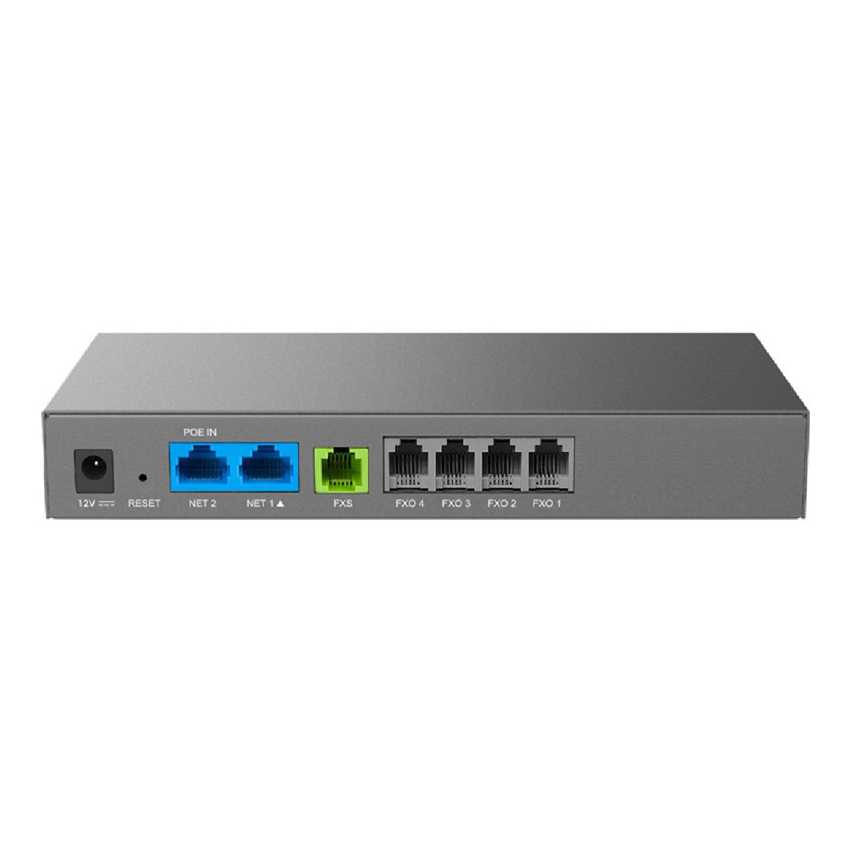 Un dispositivo di rete grigio con più porte etichettate: 12V, RESET, NET 2, NET 1A, FXS, FXO 4, FXO 3, FXO 2 e FXO 1.