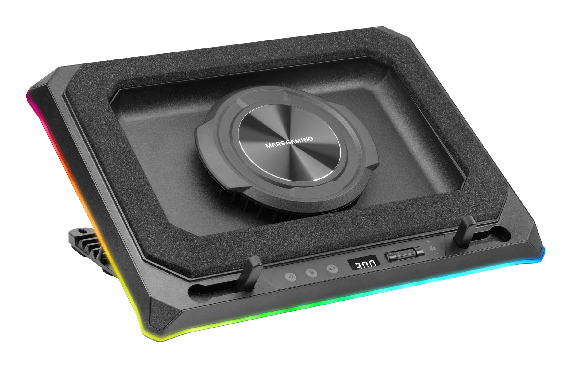 Un dissipatore per laptop Mars Gaming nero con ventola centrale, luci LED e pannello di controllo. I bordi sono evidenziati.