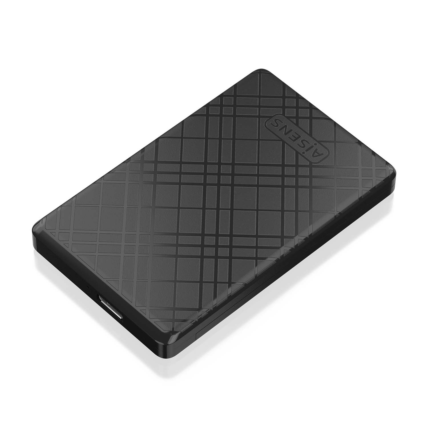 Un dispositivo rectangular negro con una superficie estampada y la palabra 'AISENS'. Está sobre fondo blanco.