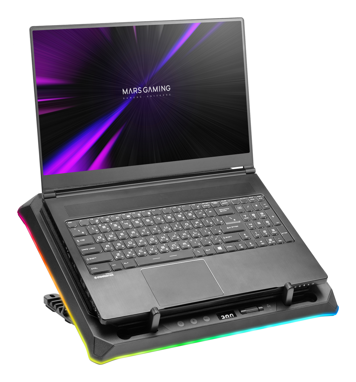 Un laptop nero su un supporto di raffreddamento colorato. Lo schermo mostra 'Mars Gaming'. Il supporto ha un display digitale e luci a LED.