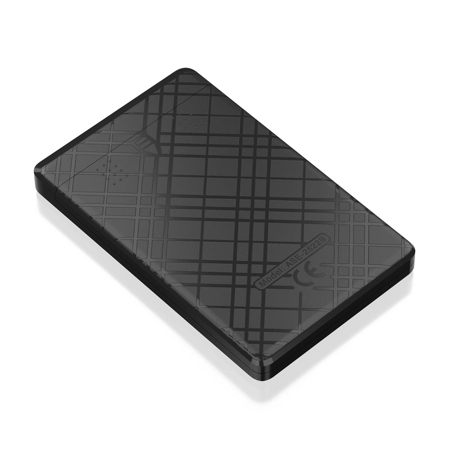 Disco duro externo negro con superficie texturizada, etiquetado 'Model: ASE-2522B' sobre fondo blanco.