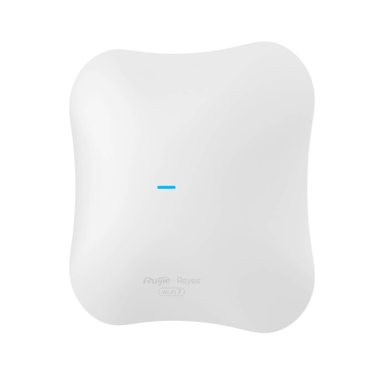 Un punto de acceso Wi-Fi 7 blanco con bordes redondeados, una luz indicadora azul y el logotipo de Ruijie Reyee.