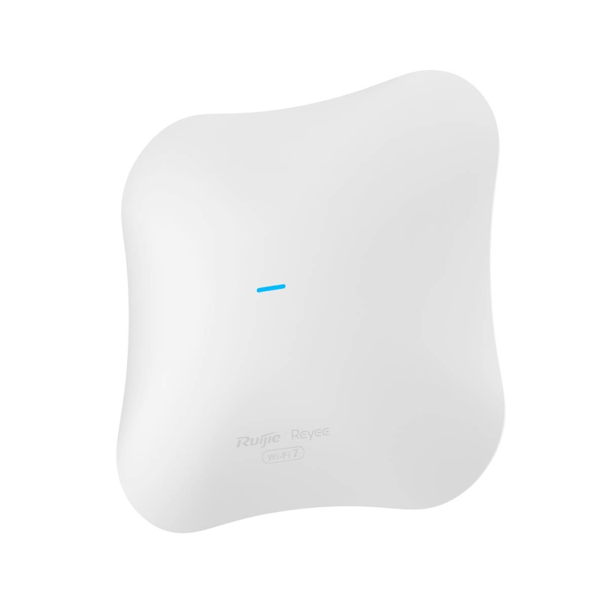 Un dispositivo blanco, cuadrado y redondeado, posiblemente un enrutador, con una línea azul y las palabras 'Ruijie Reyee Wi-Fi 7'.