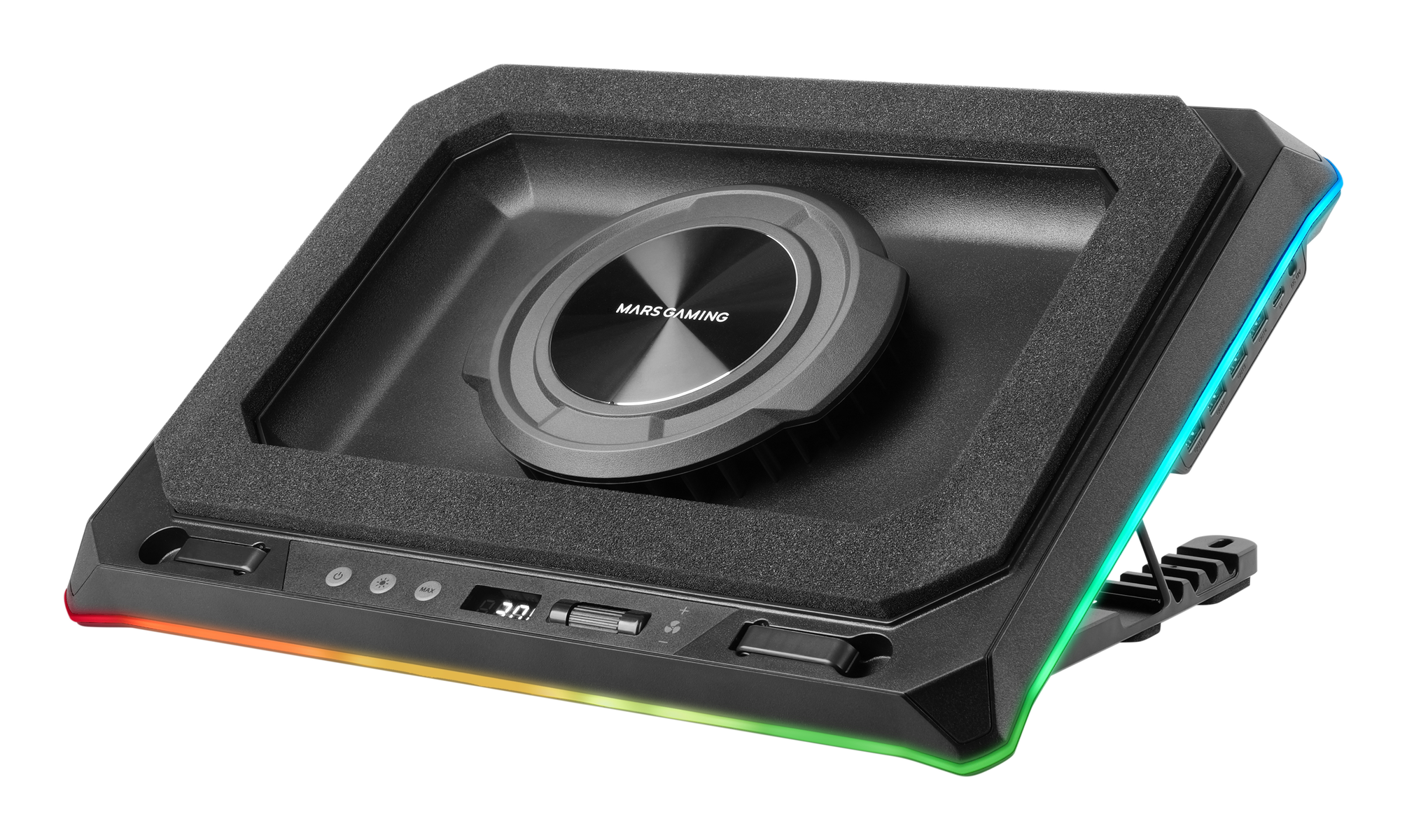 Ventola per laptop MARS GAMING nera con ventola. Ha luci a LED sui bordi. Il dispositivo di raffreddamento è su sfondo bianco.