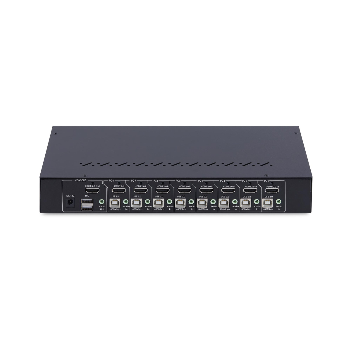 Un dispositivo elettronico nero con più porte etichettate HDMI, USB e audio, su sfondo bianco.