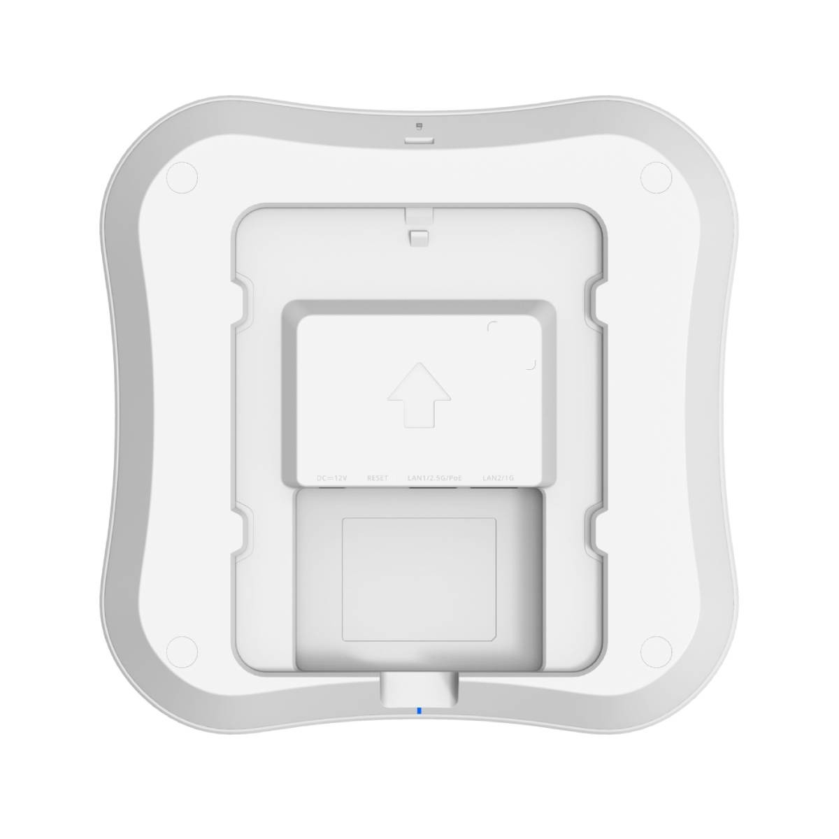 Un dispositivo blanco de forma cuadrada. Tiene un centro empotrado con una flecha y etiquetas. El dispositivo tiene esquinas redondeadas y varios círculos pequeños.