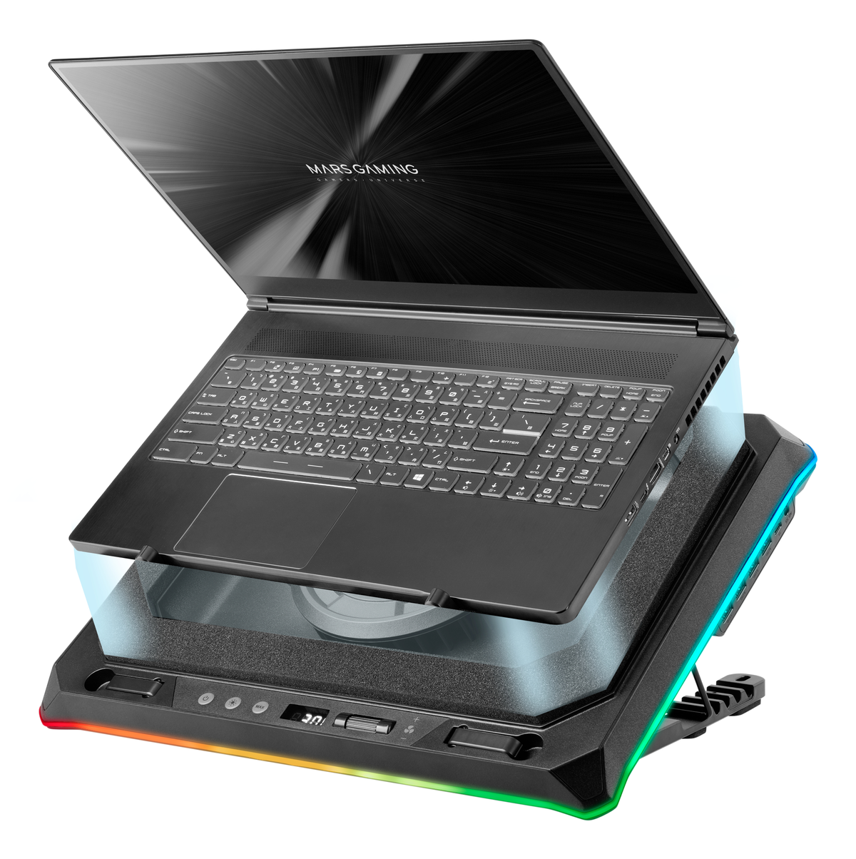 Laptop nero su un supporto di raffreddamento nero con luci RGB. Lo schermo del laptop mostra il logo "Mars Gaming". Il supporto ha un display digitale.