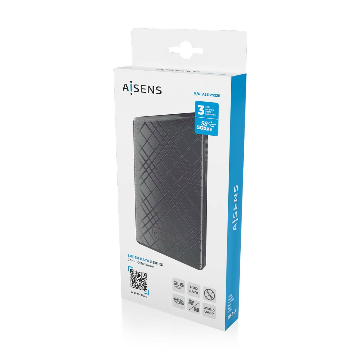 Disco duro externo AISENS en caja. La caja es blanca y azul, y el disco es gris oscuro con superficie estampada.