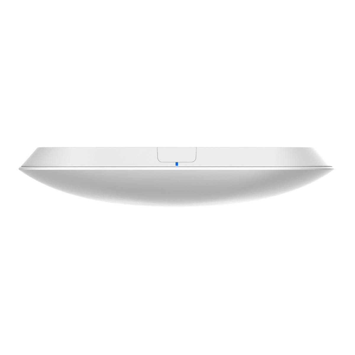 Un dispositivo blanco y redondeado con una pequeña luz indicadora azul. El fondo es blanco, destacando la forma del dispositivo.