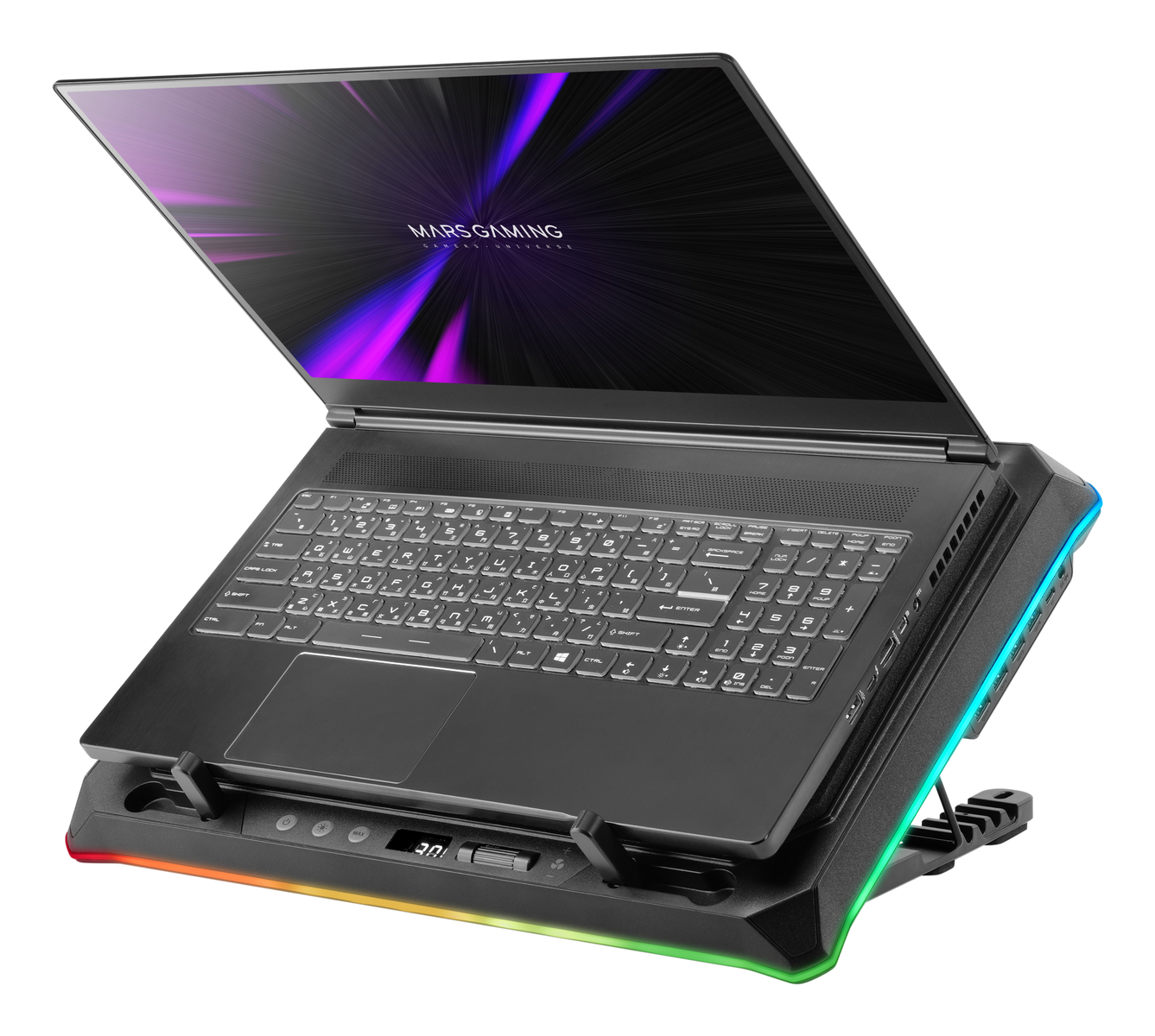 Un laptop è su un supporto di raffreddamento. Lo schermo mostra un logo. La tastiera è visibile. Il supporto ha luci RGB. Il supporto ha un display.
