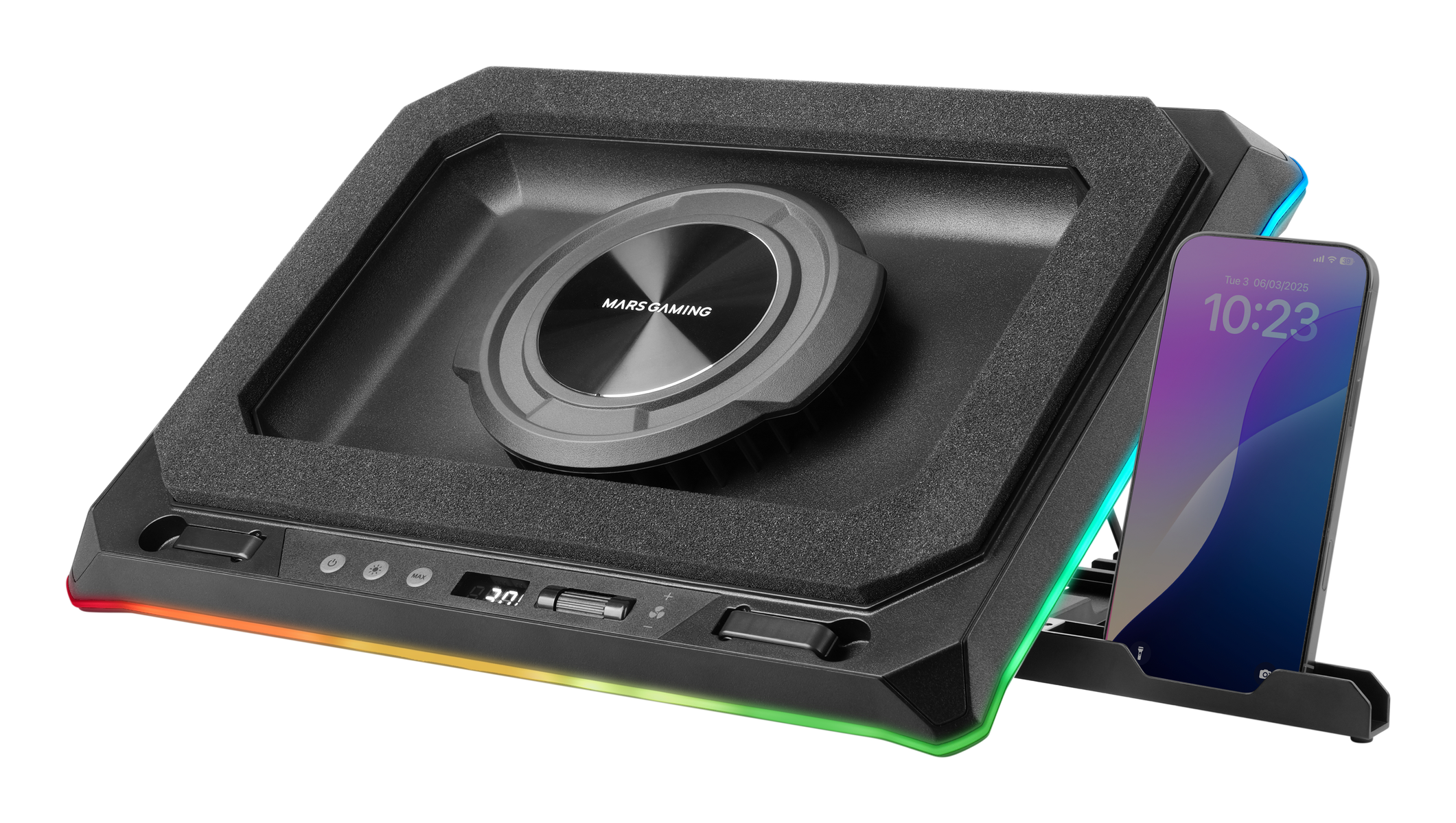 Ventilatore per laptop nero con telefono. Il ventilatore ha luci a LED, quadrante e ventola. Il telefono mostra l'ora: 10:23.