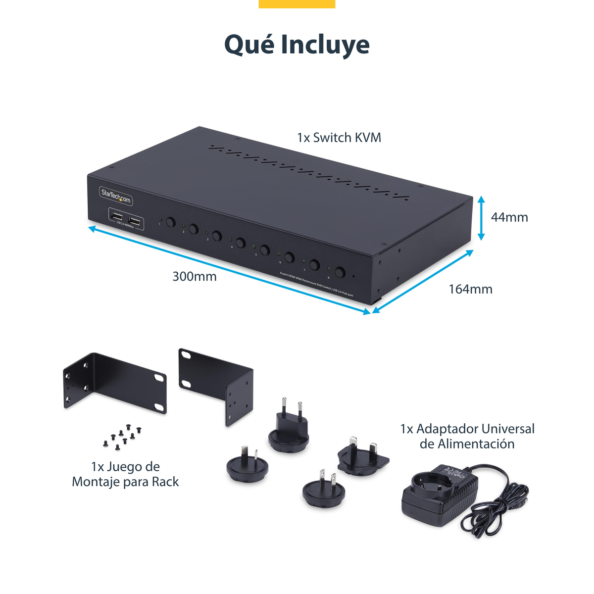 L'immagine mostra un switch KVM nero, supporto rack, alimentatore e hardware di montaggio. Le dimensioni sono indicate sullo switch.