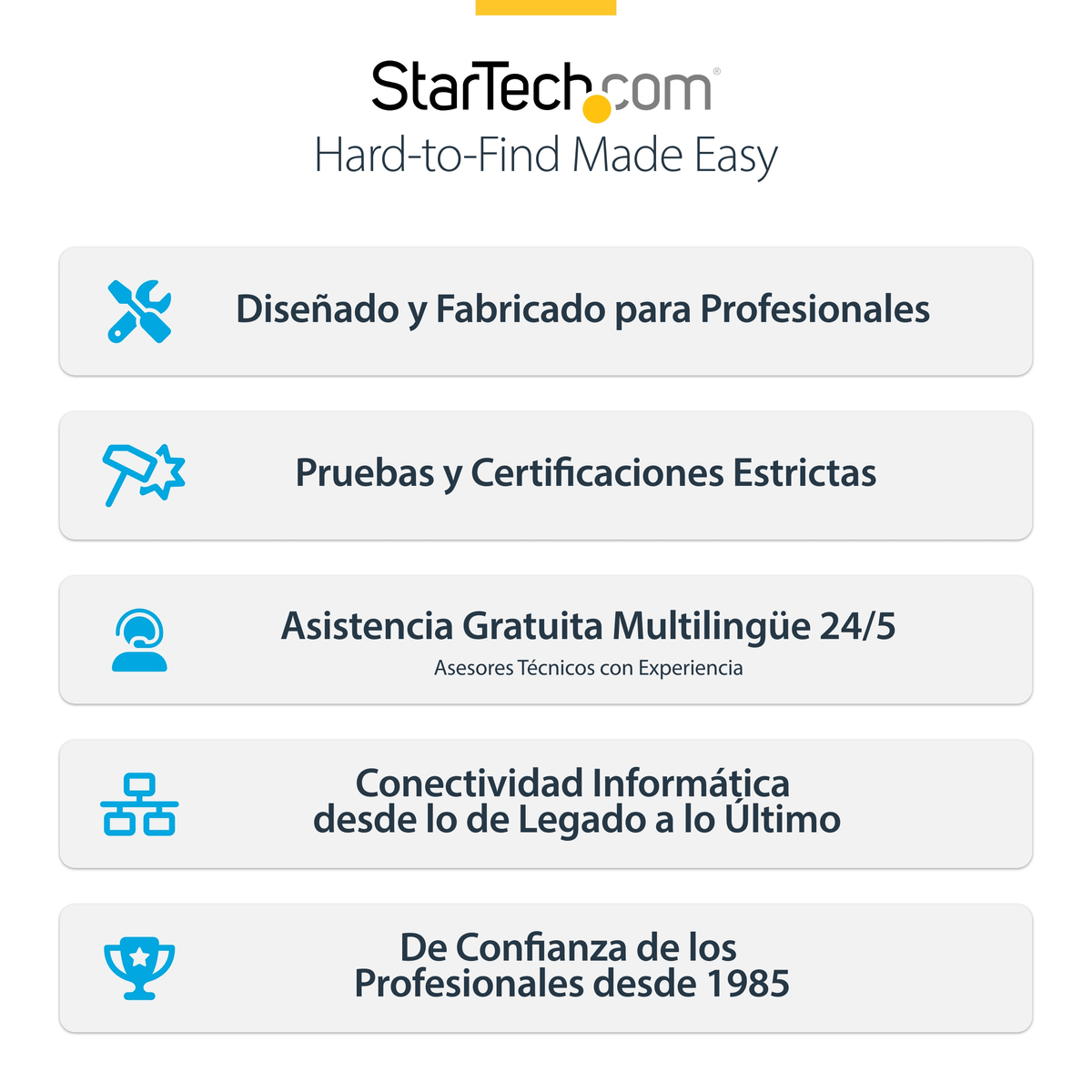 L'immagine mostra il logo StarTech.com e informazioni in spagnolo sui servizi dell'azienda, tra cui supporto e qualità dei prodotti.