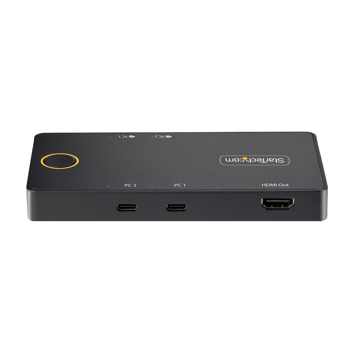 Un conmutador HDMI StarTech negro. Tiene puertos para PC1, PC2 y salida HDMI. Hay un círculo amarillo en la parte superior.