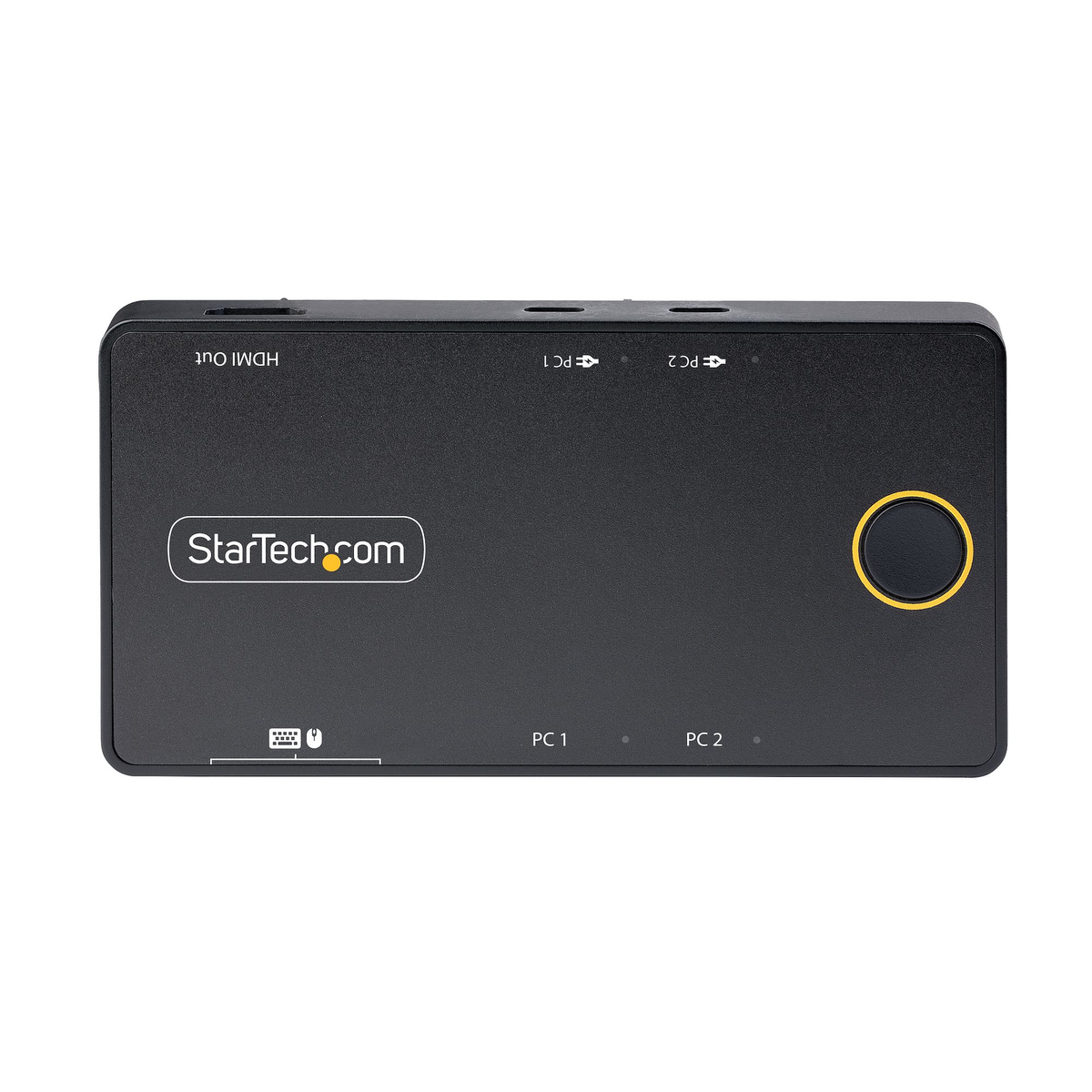 Dispositivo negro StarTech con salida HDMI, puertos PC1, PC2 y un botón con anillo amarillo. El dispositivo tiene el logotipo de StarTech.com.