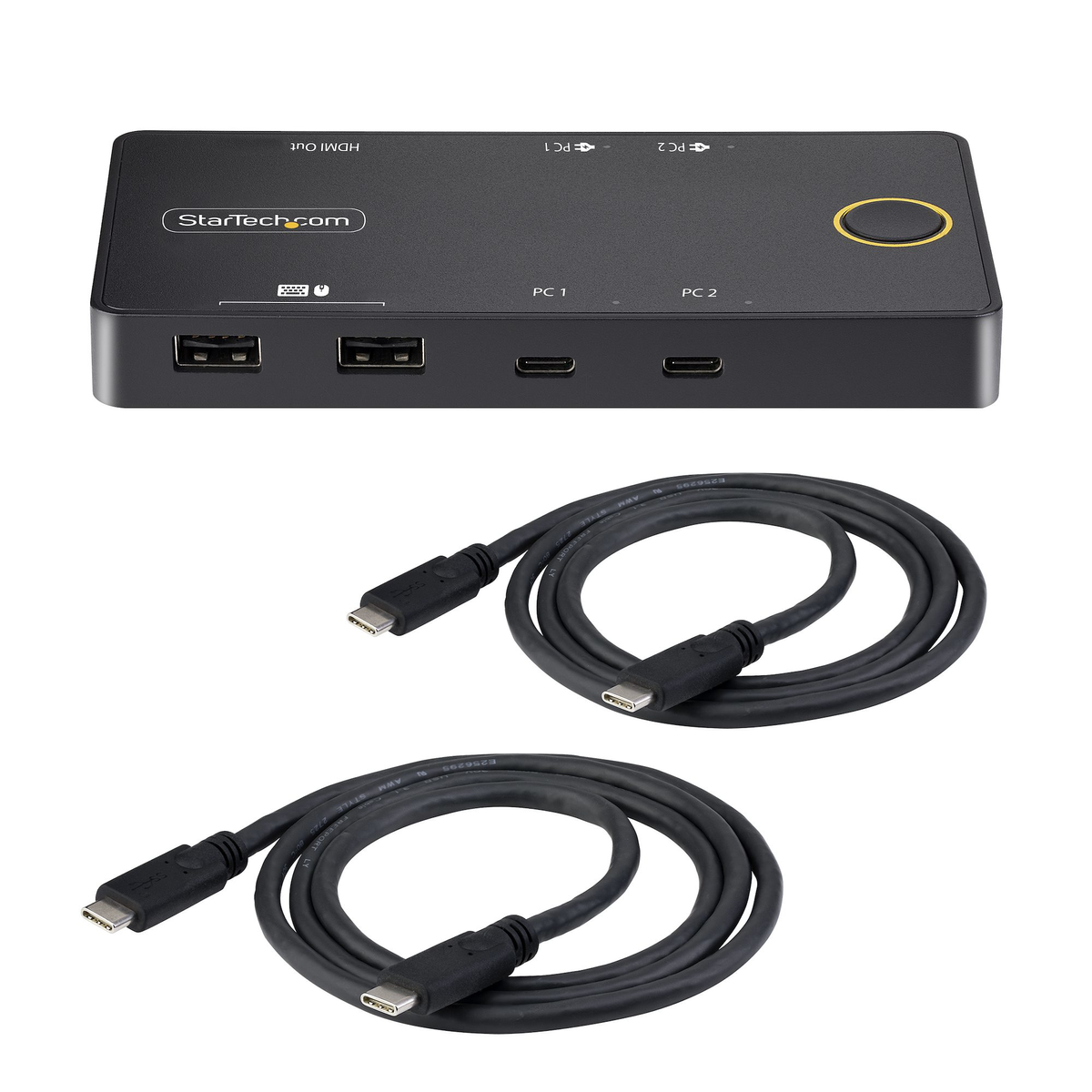 Un switch negro StarTech.com con cables. Tiene puertos USB, HDMI y PC. Dos cables USB-C negros están enrollados debajo del switch.