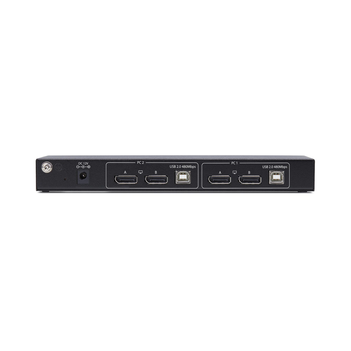 Un dispositivo nero con più porte etichettate PC1, PC2, USB 2.0. Ha porte HDMI e USB. Lo sfondo è bianco.