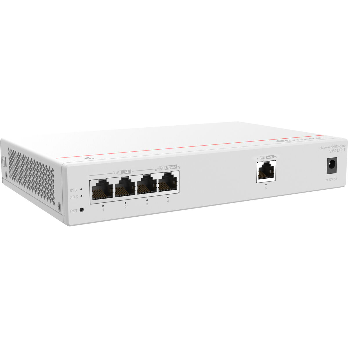Dispositivo de red blanco con múltiples puertos etiquetados GE LAN y GE WAN. Tiene indicadores de estado del sistema.