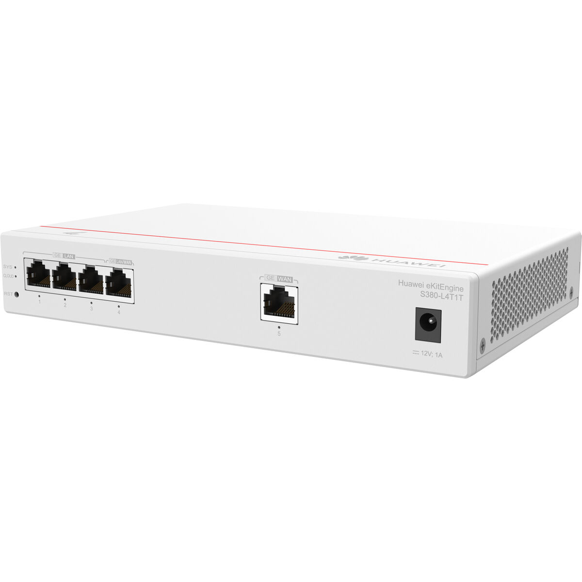 Un dispositivo Huawei eKitEngine S380-L4T1T blanco con varios puertos. Tiene botones de encendido y reinicio, y etiquetas como GE LAN y GE WAN.