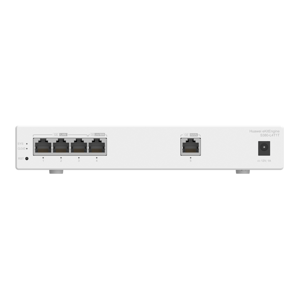 Dispositivo de red blanco con varios puertos etiquetados como LAN, WAN. Tiene botones de encendido y reinicio. La marca es Huawei eKitEngine.
