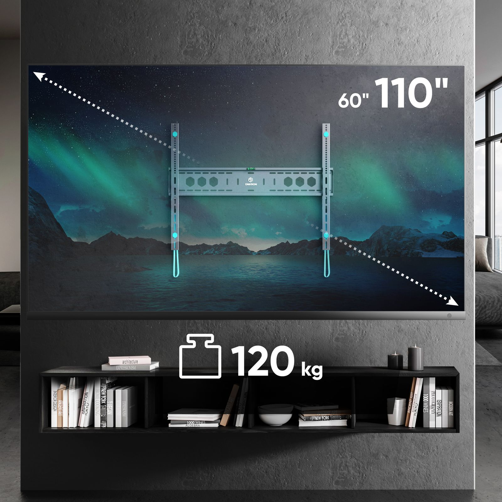 Ekran telewizora pokazuje uchwyt ścienny. Poniżej półka z książkami, a tekst brzmi 120 kg.