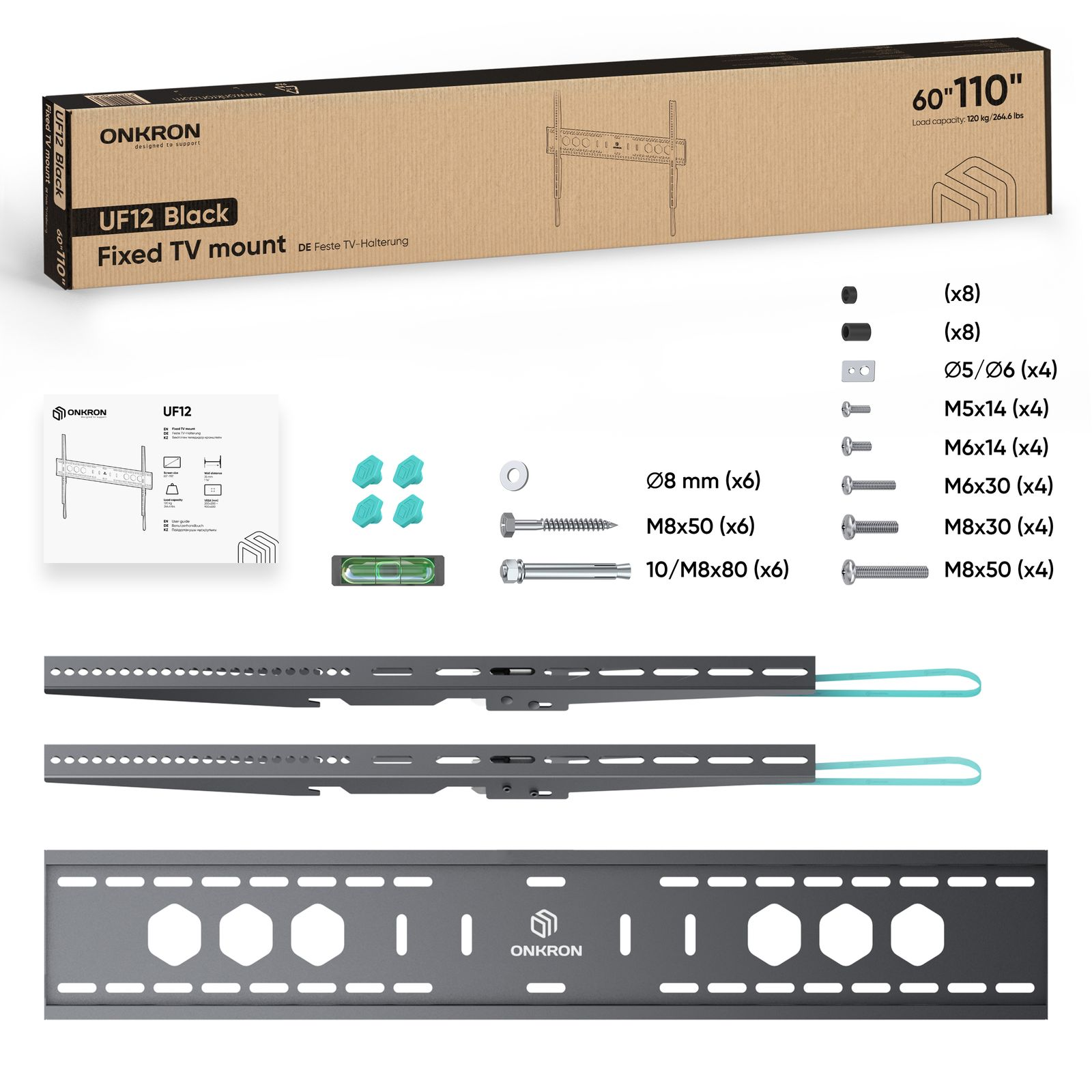 Zdjęcie przedstawia zestaw do montażu TV. Zawiera pudełko, wsporniki montażowe, śruby i poziomnicę, wszystko do instalacji TV.
