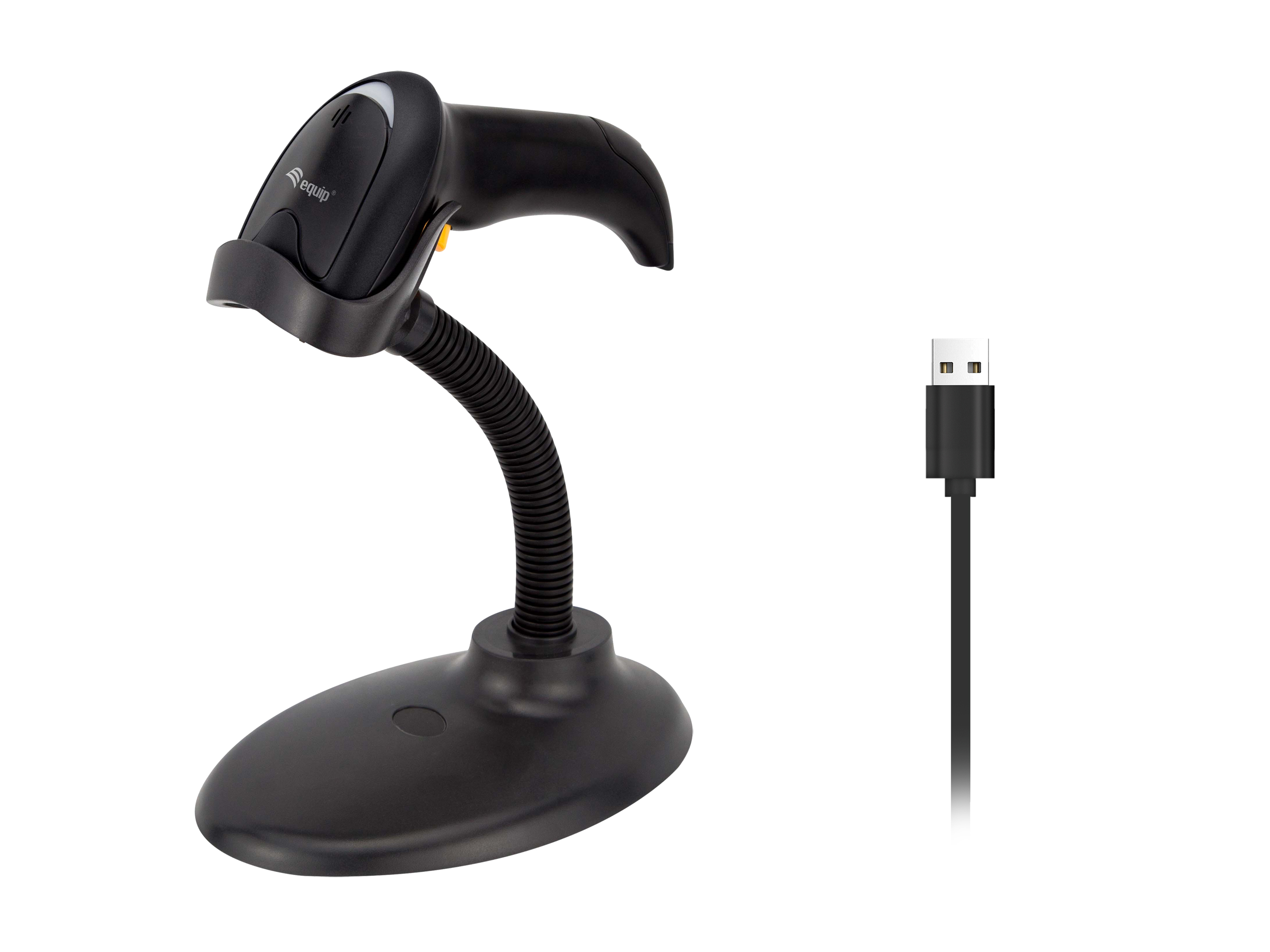 Scanner di codici a barre nero su supporto con cavo USB. Lo scanner ha un'impugnatura e un collo flessibile.
