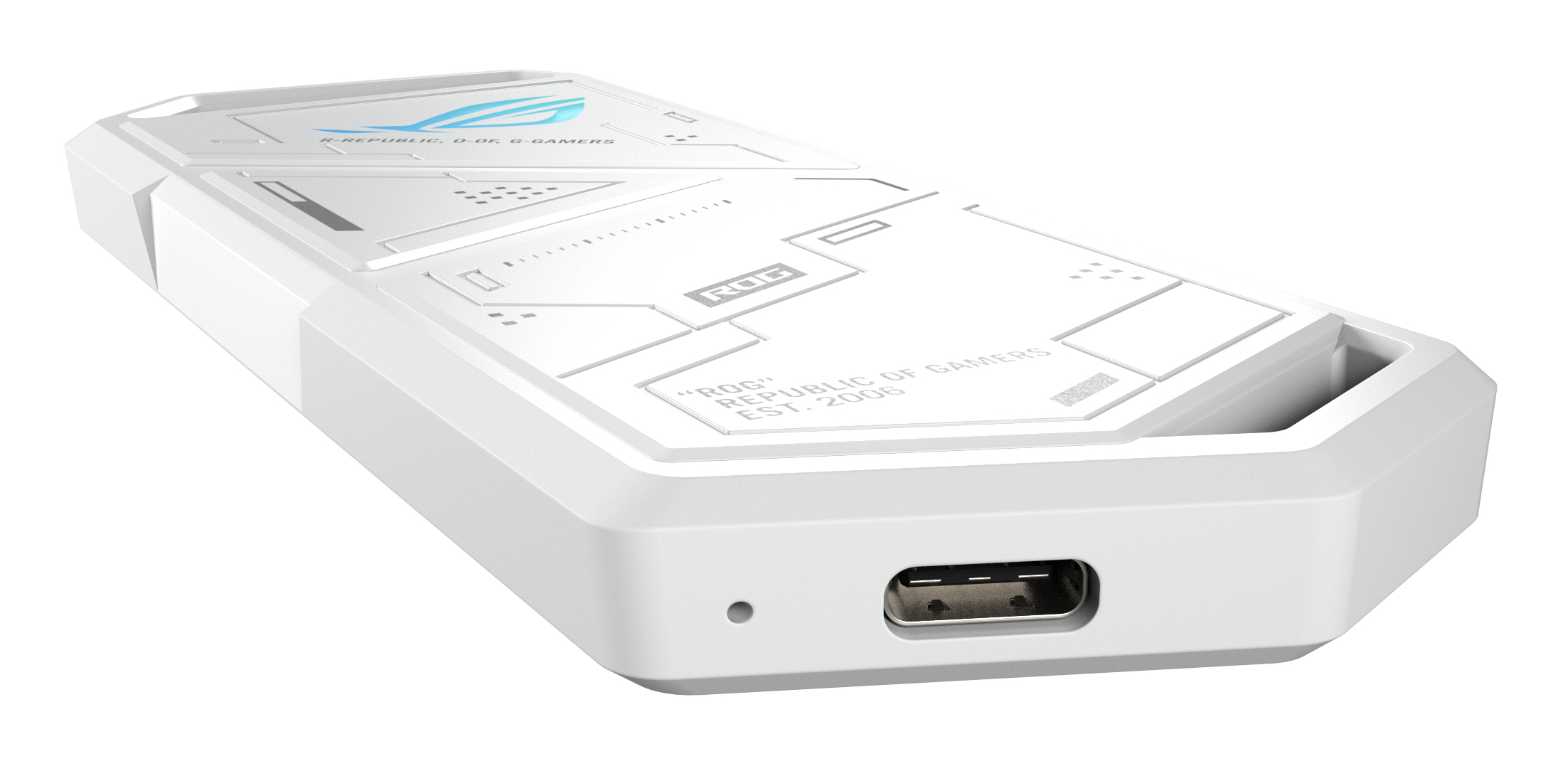 Biały zewnętrzny dysk twardy ROG z portem USB. Posiada branding ROG i Republic of Gamers.