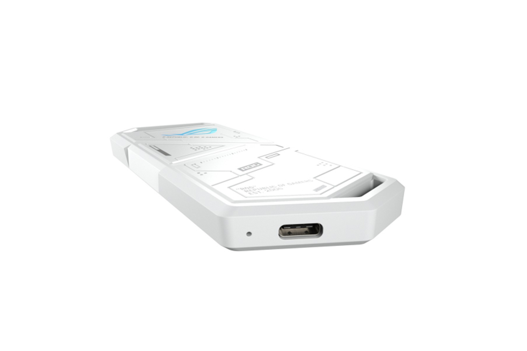 Widoczny jest biały zewnętrzny dysk twardy ROG, z portem USB i elementami designu. Tło jest jednolicie białe.