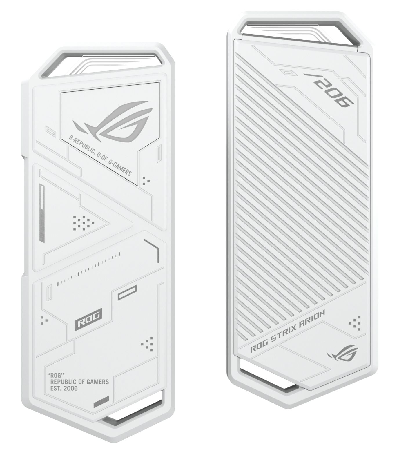 Biała obudowa ROG Strix Arion. Widoczne logo i tekst 'ROG', 'Republic of Gamers', '206'.