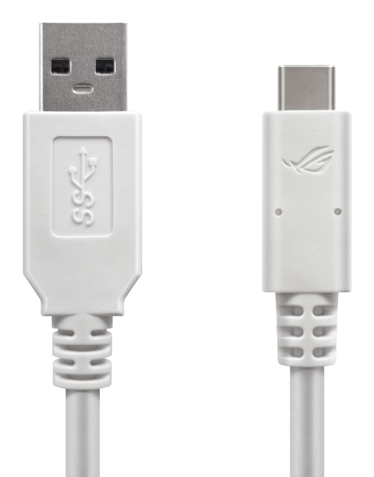 Biały kabel USB z wtyczką USB-A po lewej i wtyczką USB-C po prawej, obie skierowane do przodu.