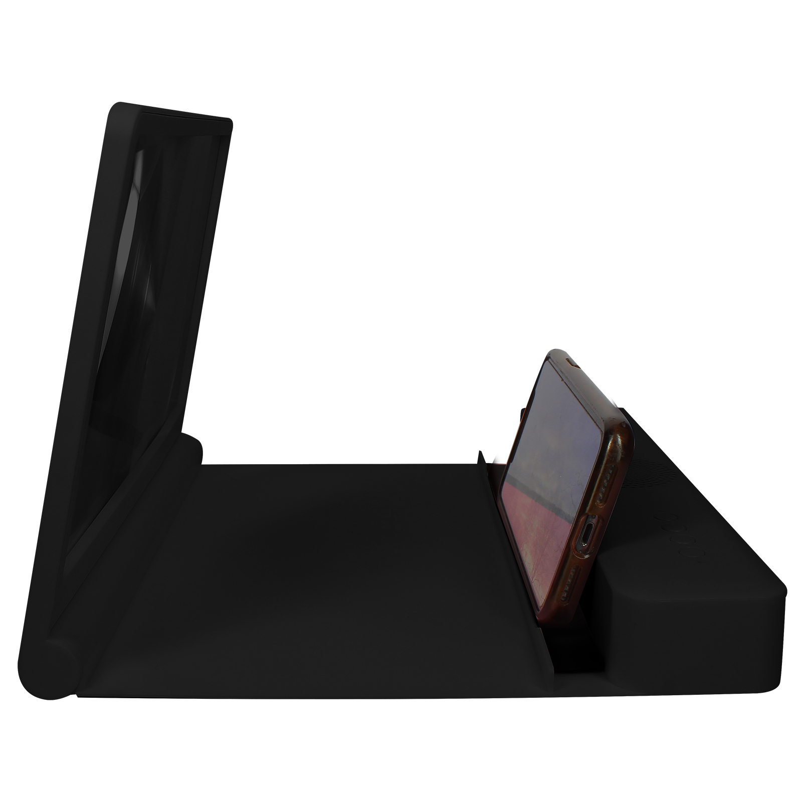 Un soporte para teléfono negro con un teléfono inteligente. El soporte tiene una pantalla que se puede abrir.