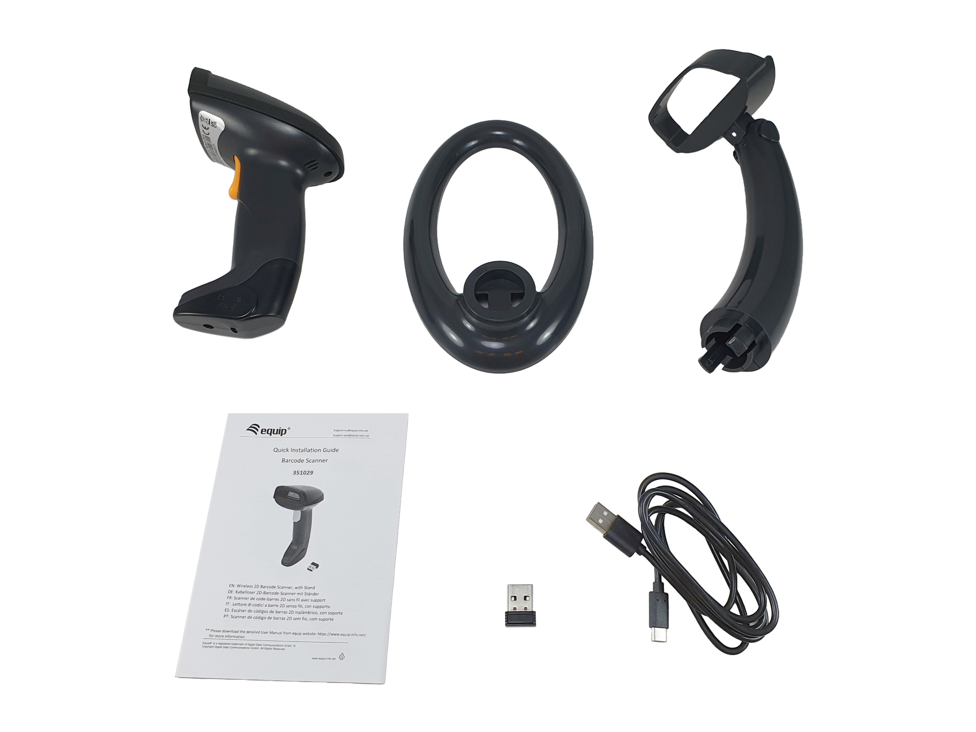 Un set di scanner di codici a barre include scanner, supporto, base di ricarica, cavo USB e guida rapida.
