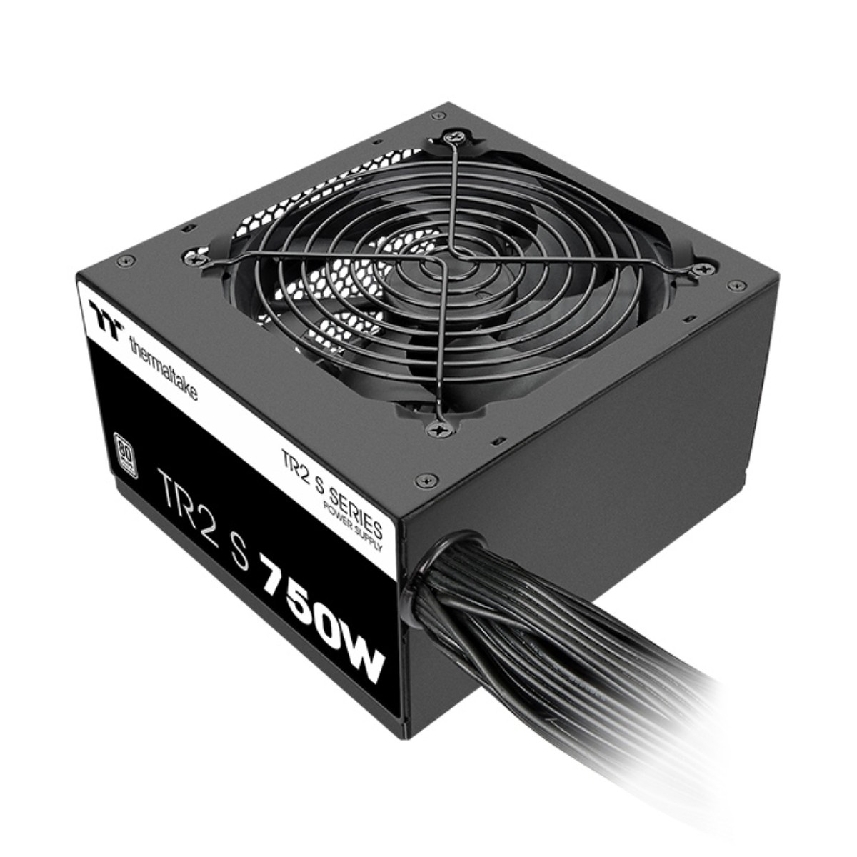 Alimentatore nero Thermaltake TR2 S 750W. Ha una ventola e un fascio di cavi neri.