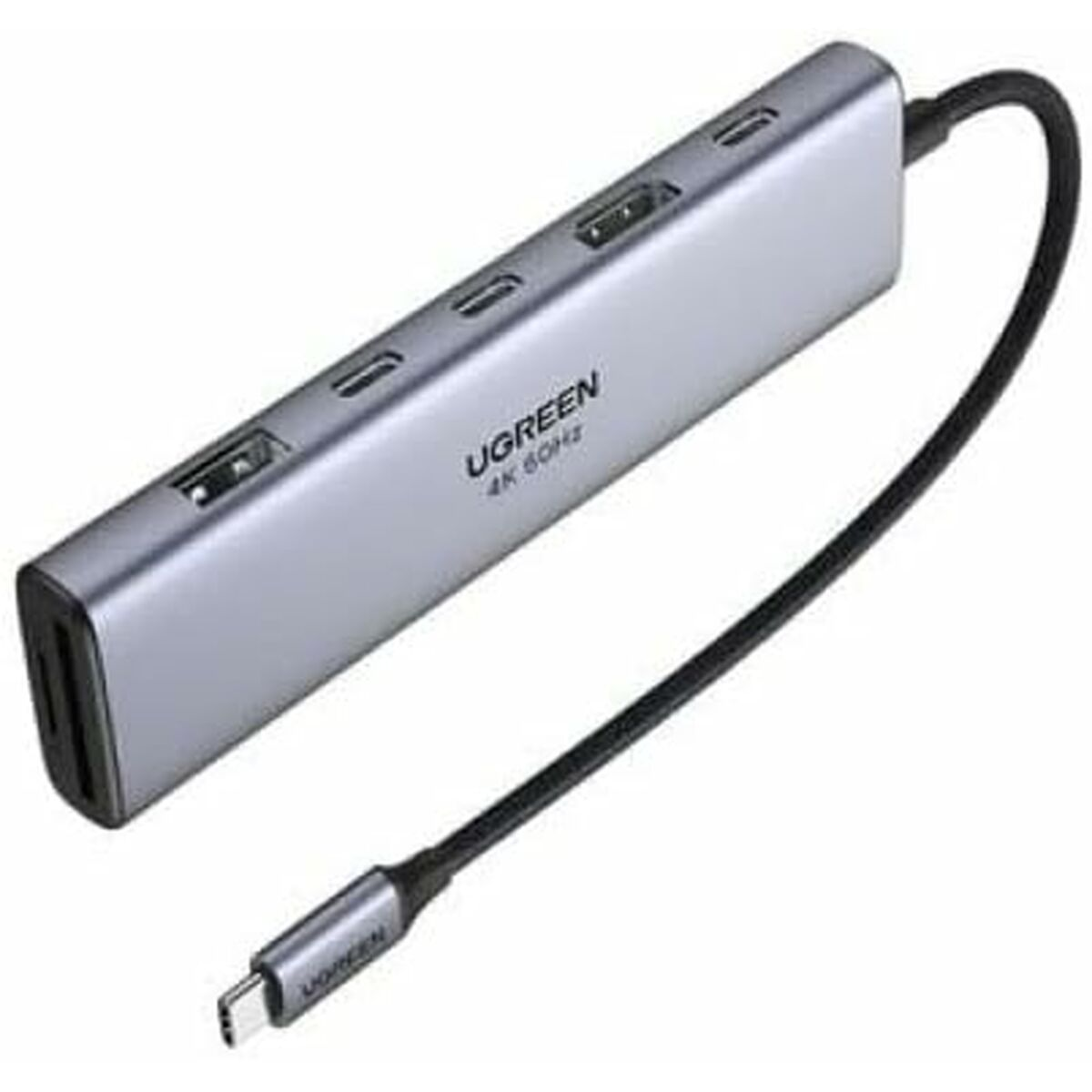 Srebrny hub USB-C UGREEN z wieloma portami i dołączonym czarnym kablem. Na hubie znajduje się logo UGREEN i nadruk 4K 60Hz.
