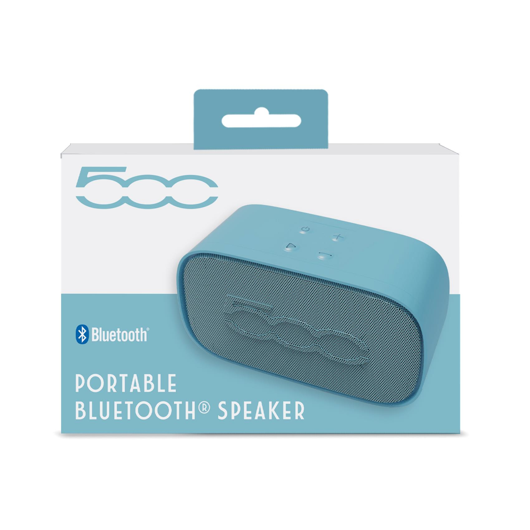 Niebieski przenośny głośnik Bluetooth w opakowaniu. Opakowanie ma logo marki i nazwę produktu.