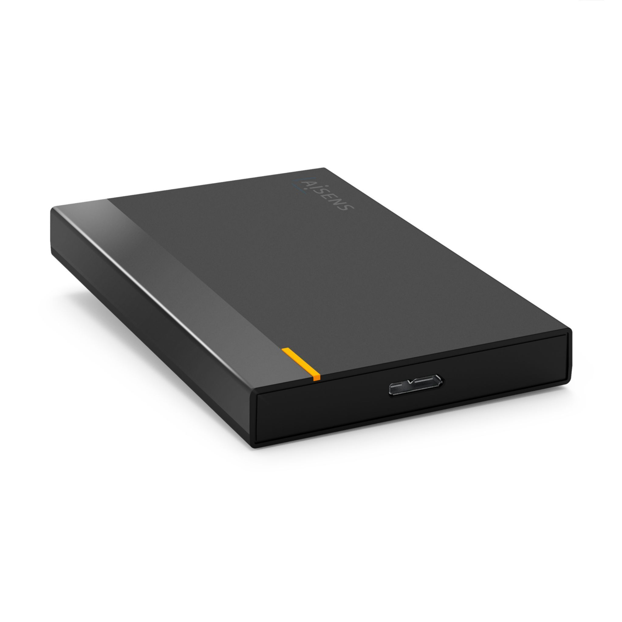 Disco duro externo negro sobre blanco. Tiene una luz naranja y un puerto USB. La marca es visible.