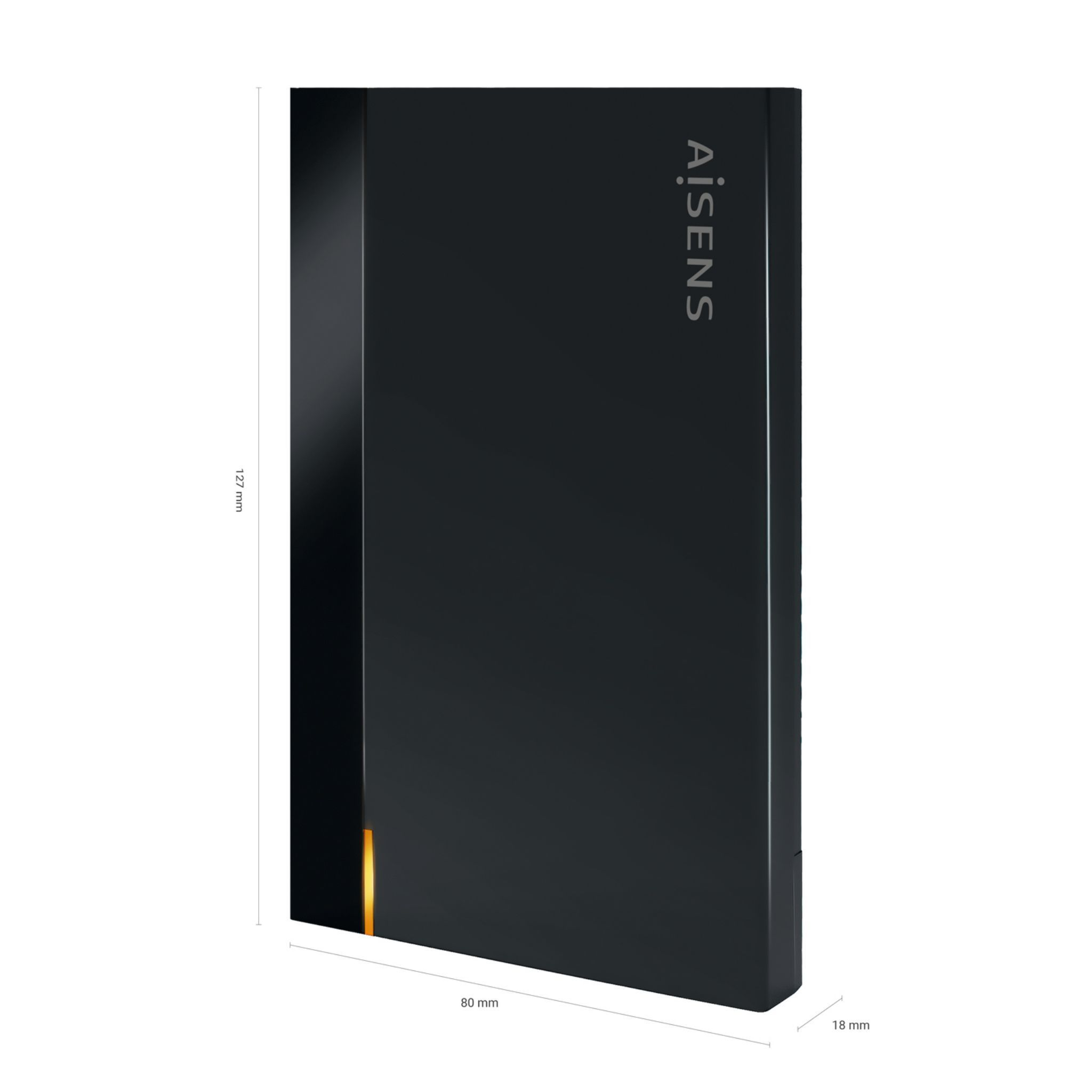 Un dispositivo rectangular negro con 'AiSENS' escrito. Dimensiones etiquetadas. Tiene una luz naranja en el lado.