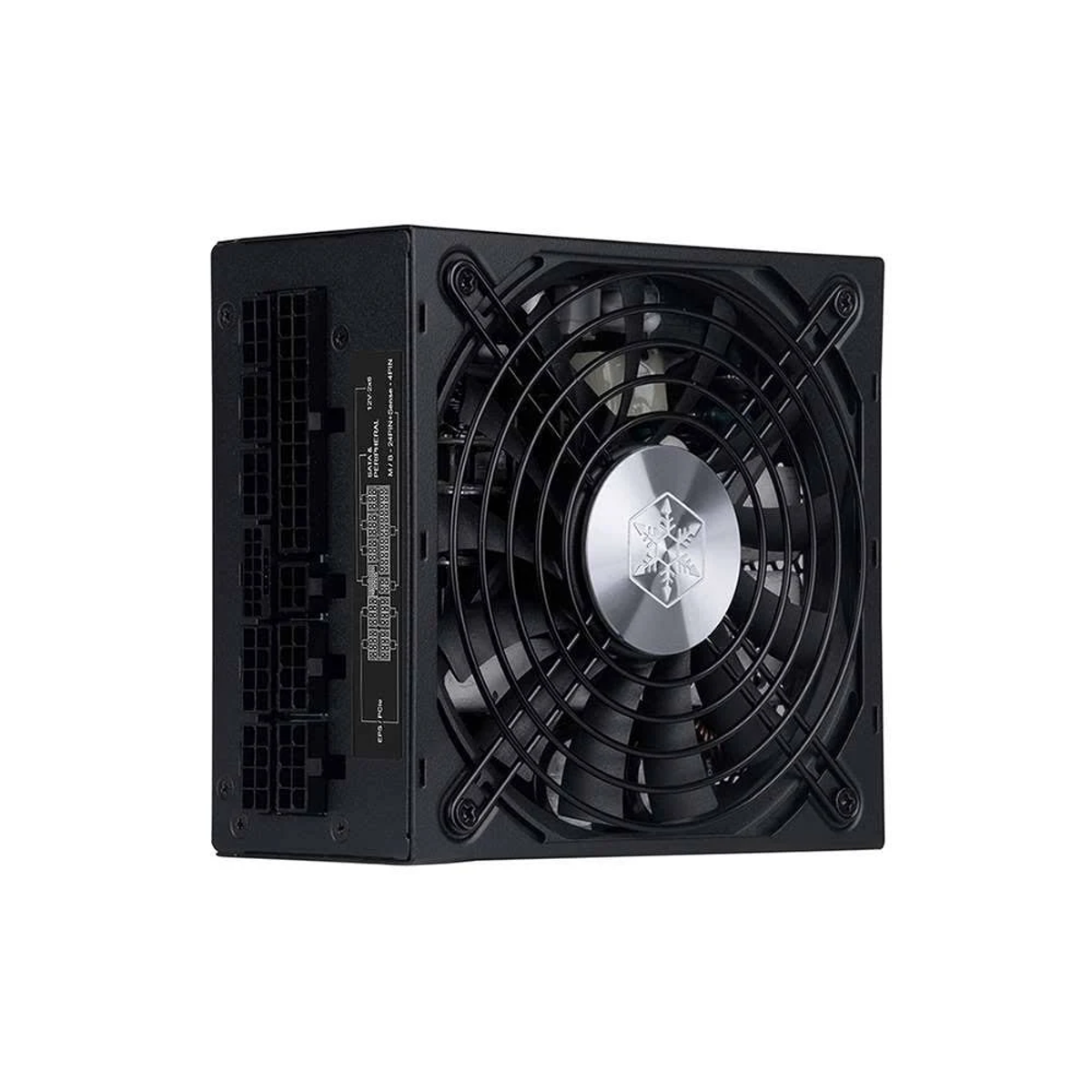 Una fuente de alimentación para computadora negra. Tiene un ventilador con rejilla protectora y varios conectores en el lateral. La marca es visible.