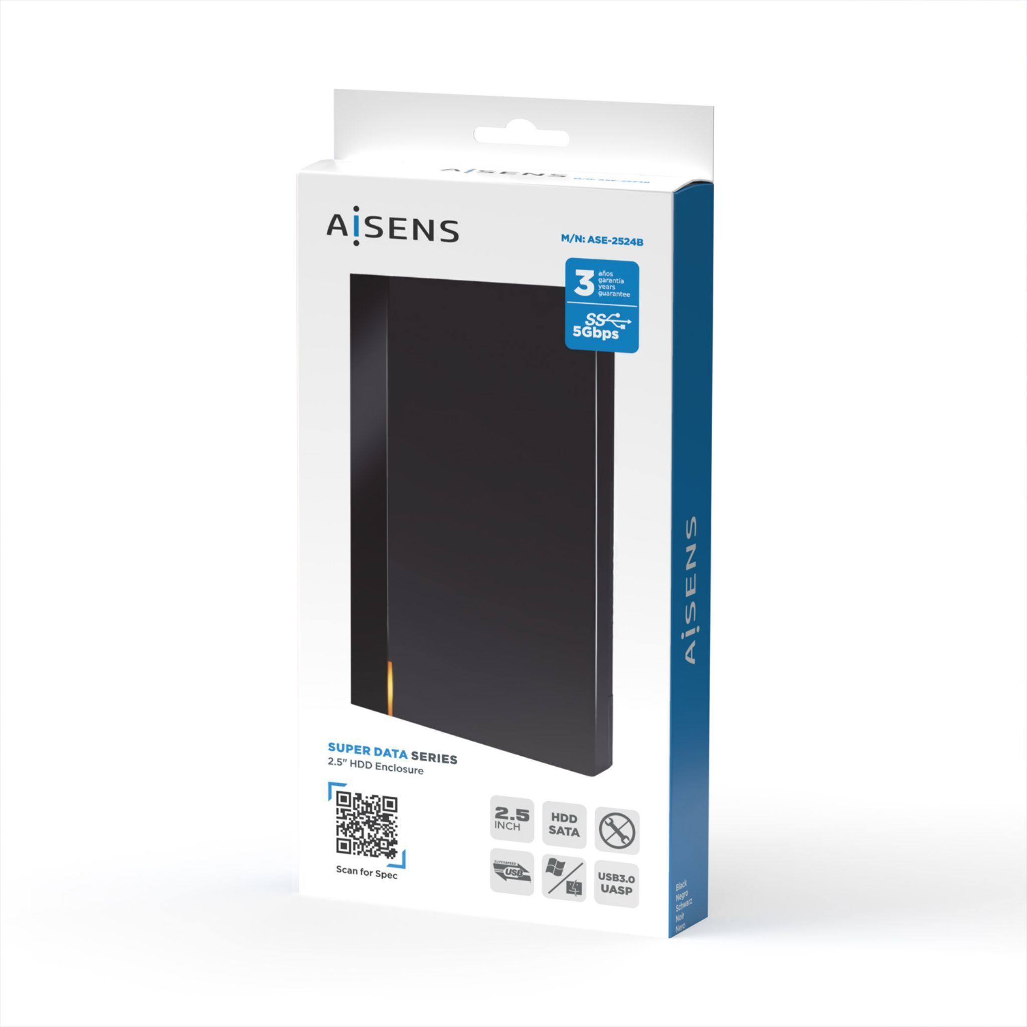 Una caja de producto. Tiene una carcasa SSD negra, la marca AiSens y otra información.