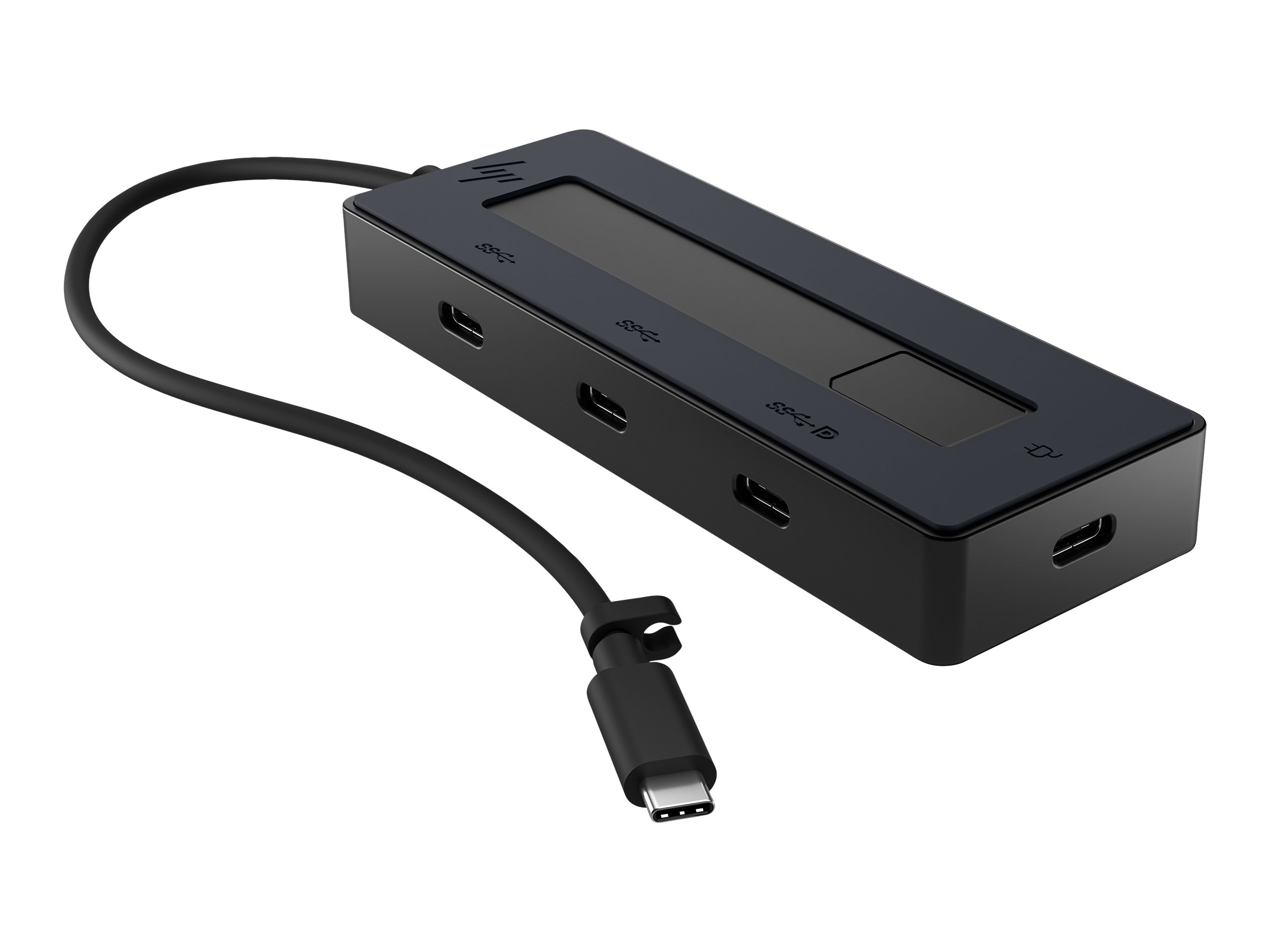 Ein schwarzer USB-C-Hub mit mehreren Anschlüssen. Er hat ein Verbindungskabel und das HP-Logo.