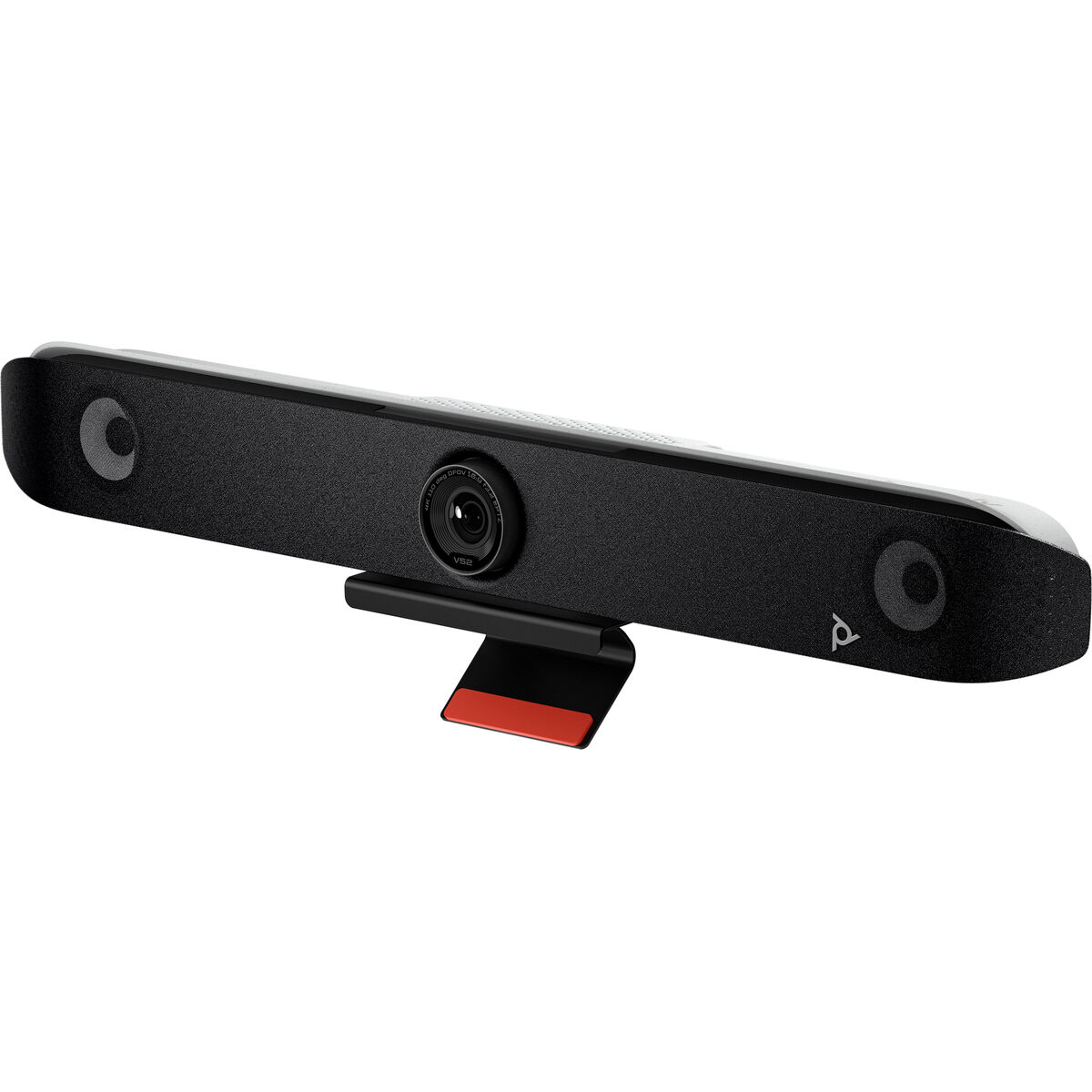 Eine schwarze Poly-Webcam mit Linse, zwei Lautsprecherlöchern und einem rotspitzigen Ständer auf weißem Hintergrund.