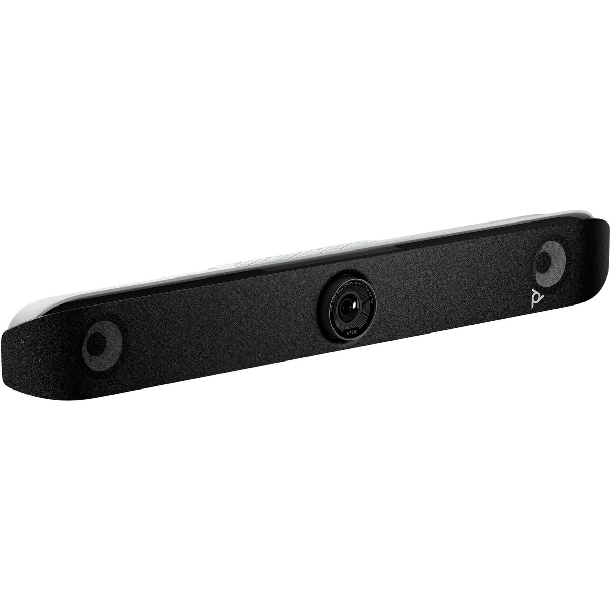Eine schwarze Soundbar mit Kamera und Lautsprechern. Auf der rechten Seite befindet sich das Markenlogo. Der Hintergrund ist weiß.