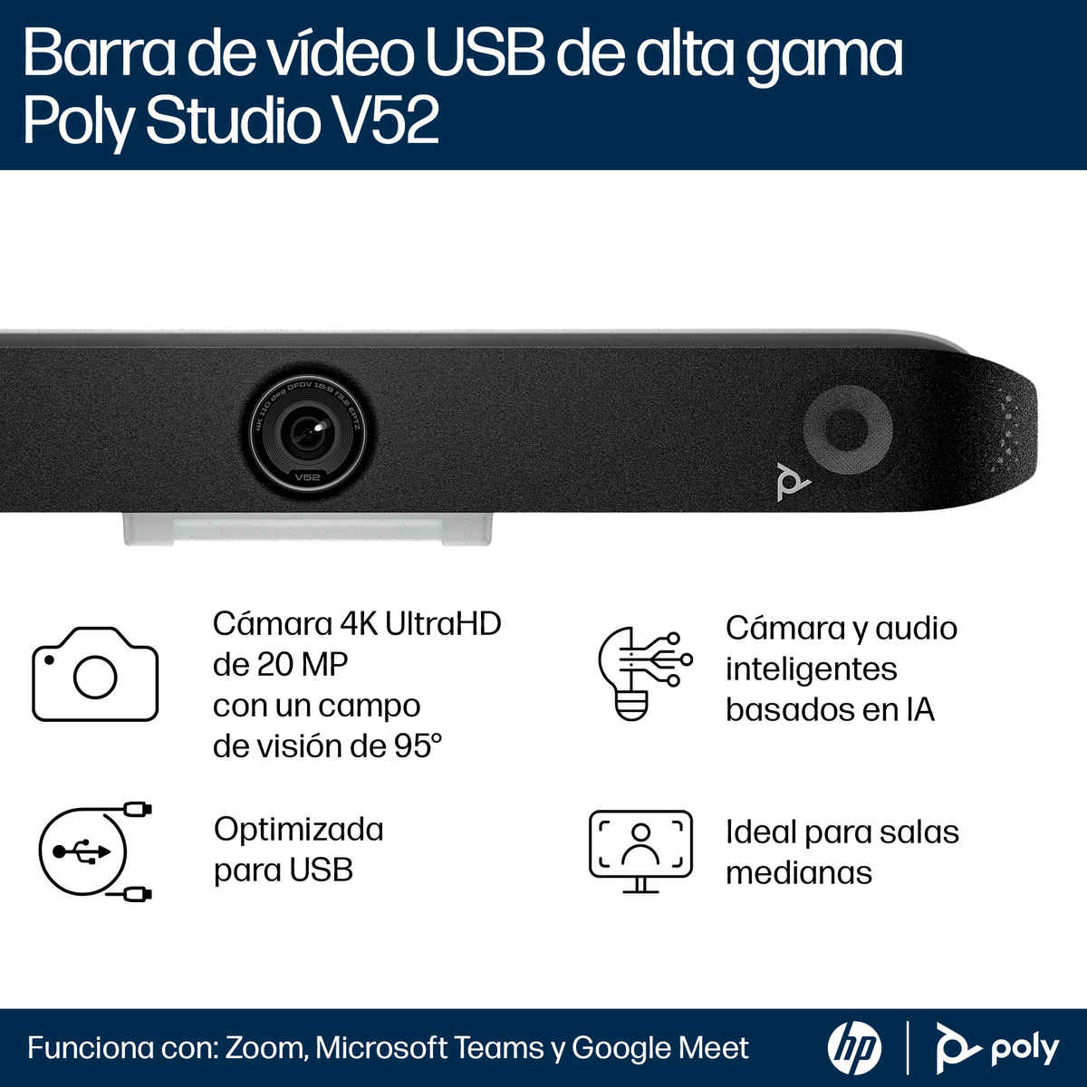 Eine schwarze Poly Studio V52 Videoleiste mit Kamera, Logo und Text. Merkmale sind 4K UltraHD-Kamera, USB-Optimierung und KI-Audio.