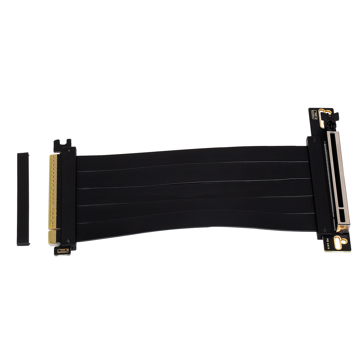 Un cable elevador PCIe negro, con conectores dorados en ambos extremos. Un componente rectangular negro está separado del cable.